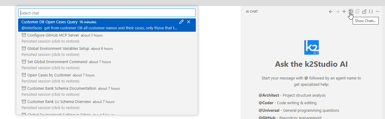 The AI Chat welcome screen showing recent sessions as clickable cards, with a "Browse all chats…" link at the bottom.
