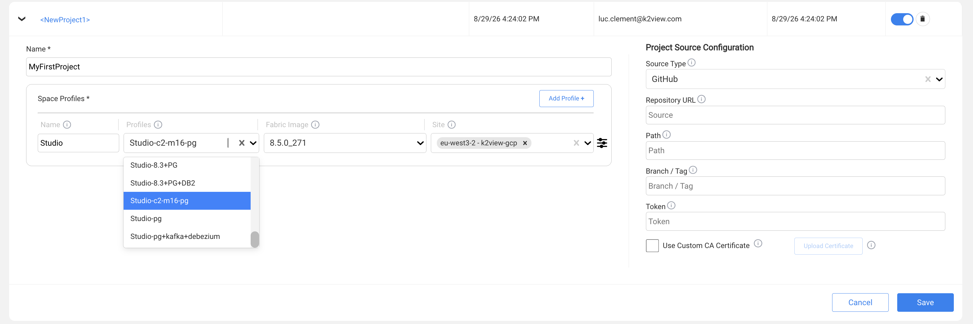 K2cloud Create Project form