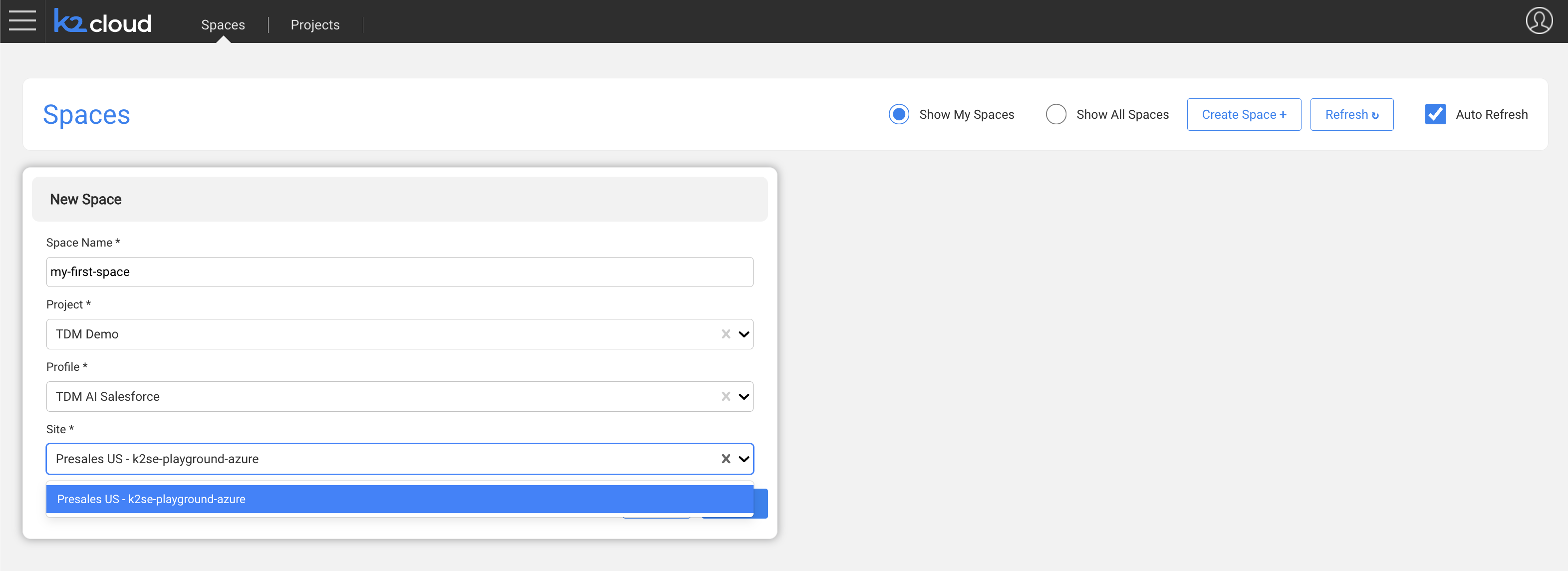 K2cloud Create Space configuration