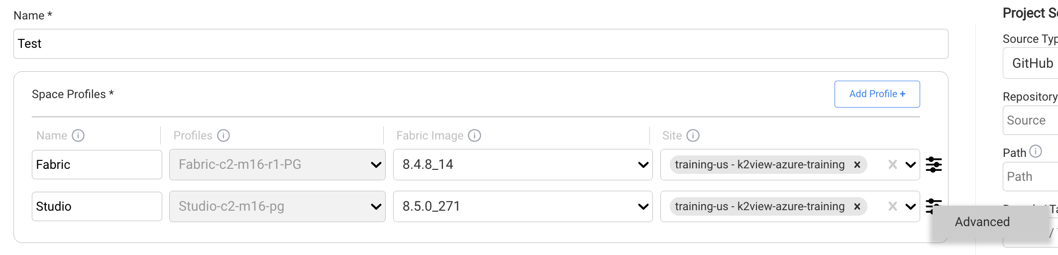 K2cloud Space Profile Fabric Configuration settings