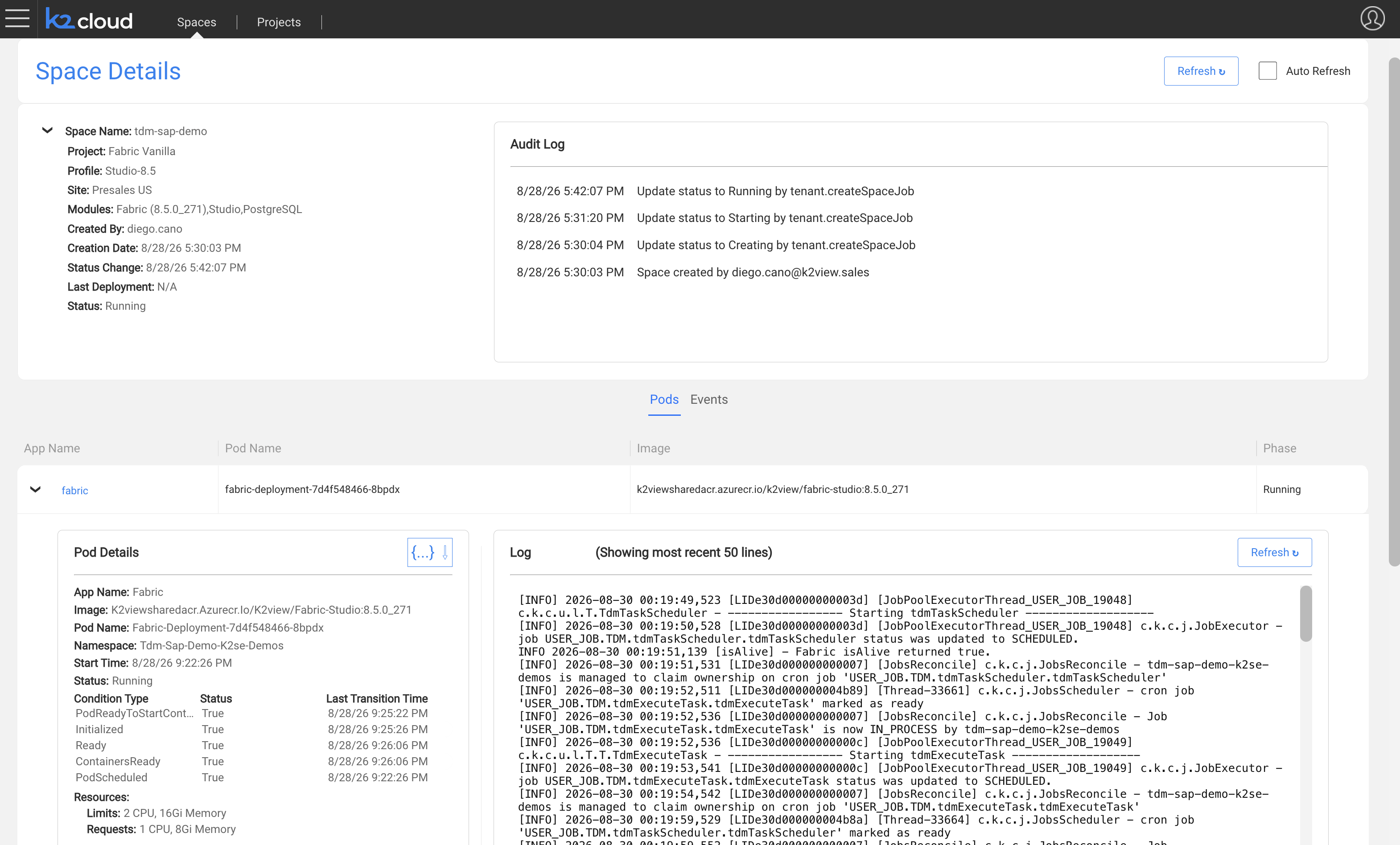 Space Details showing Kubernetes pod details