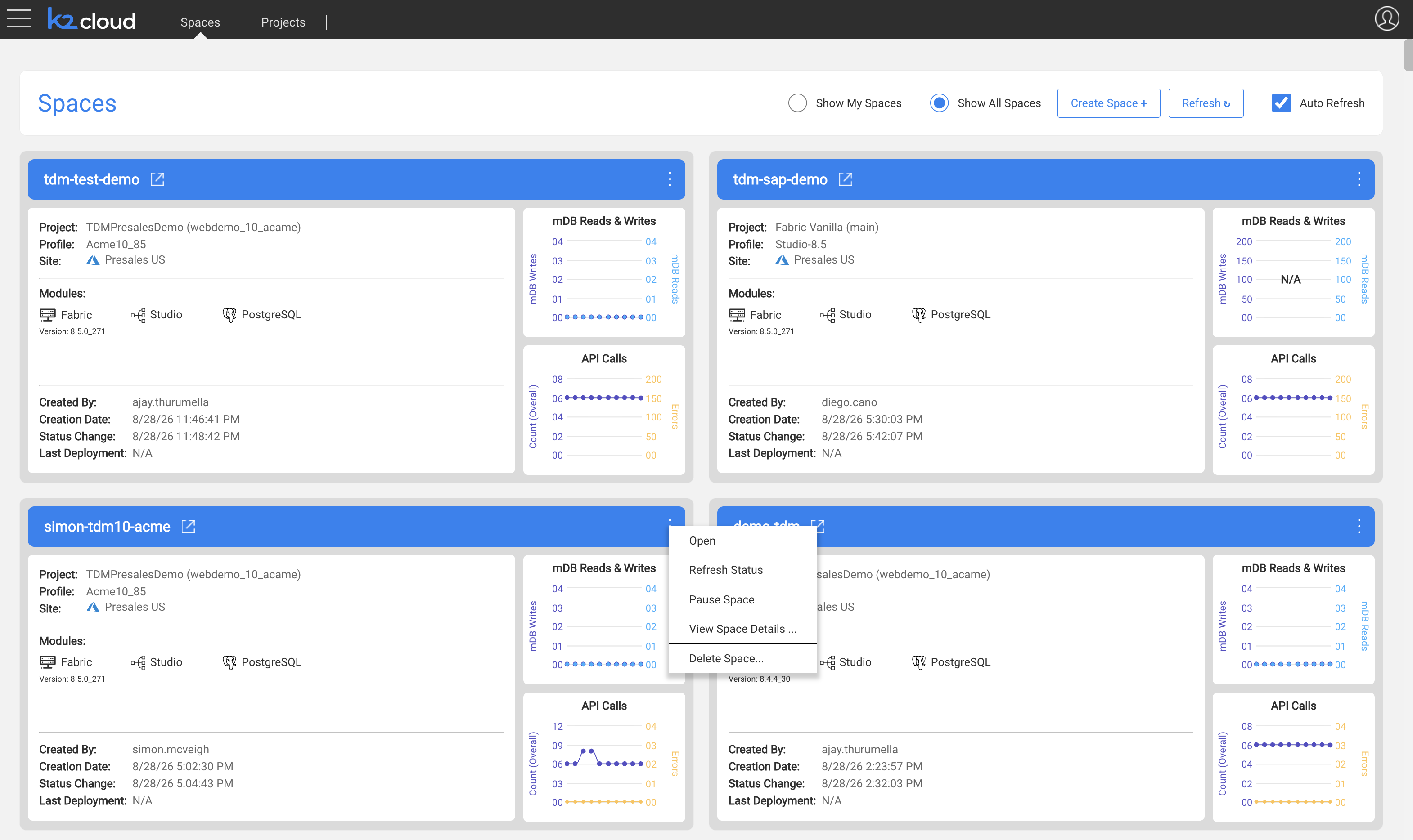 Space Details showing Kubernetes pods