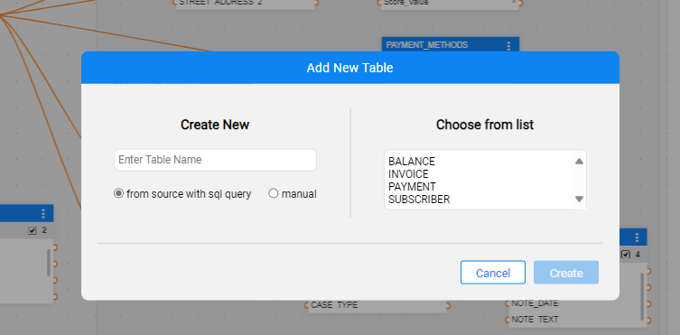 add table select from list