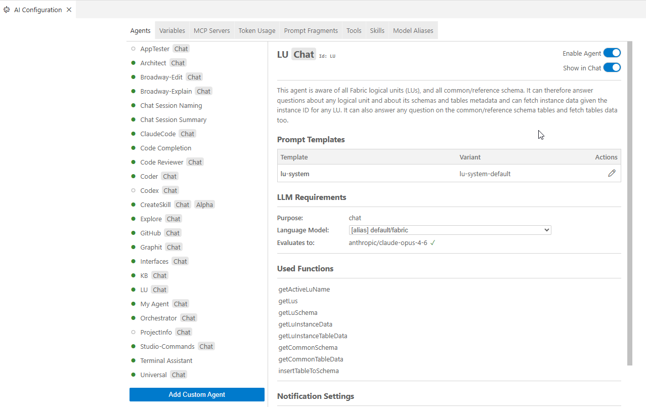 The AI Configuration panel showing seven tabs across the top (Agents, Variables, MCP Servers, Token Usage, Prompt Fragments, Tools, Model Aliases) with the Agents tab active and a list of agents with enable toggles and model selectors.