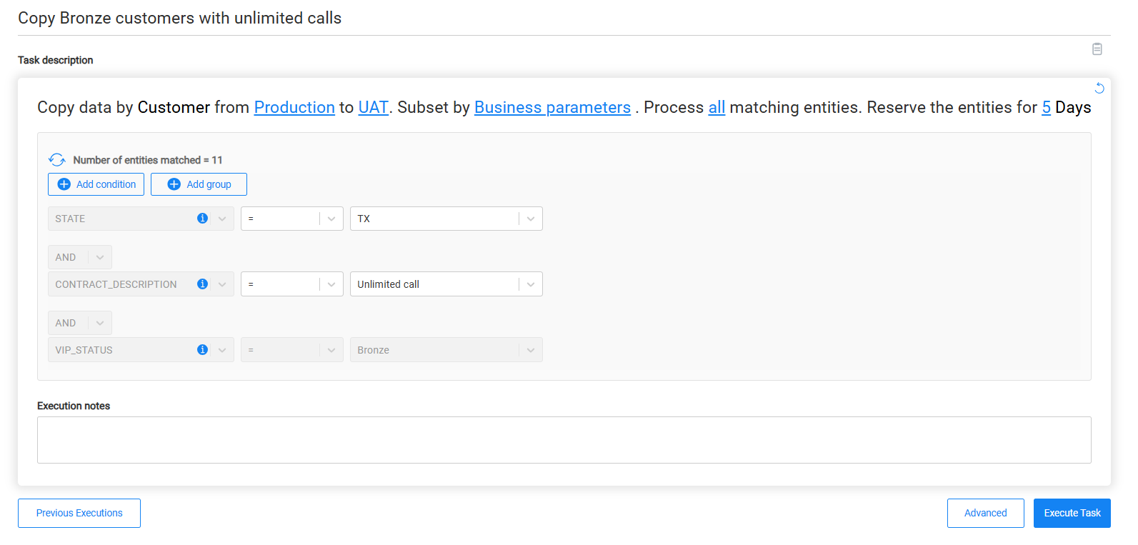 Business parameters filter