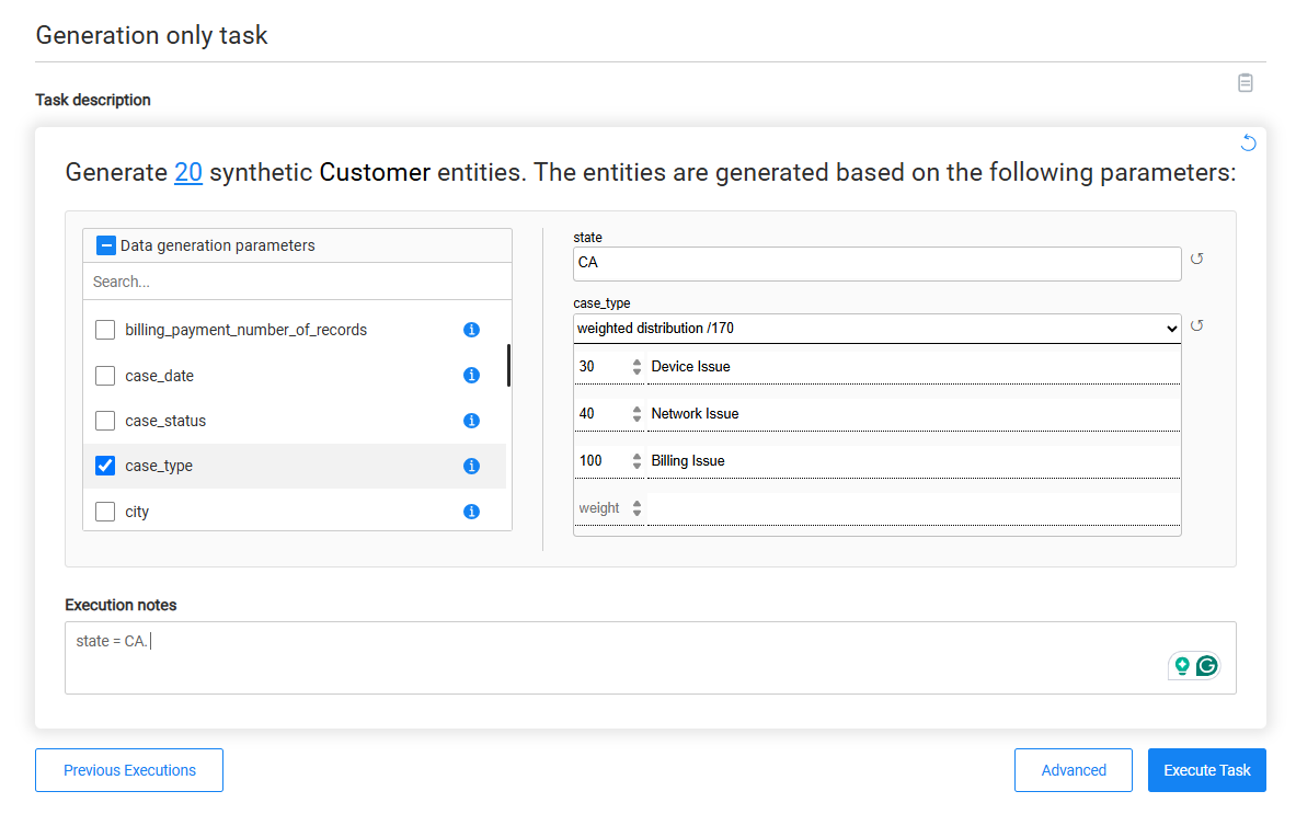 Data generation parameters